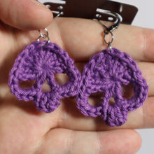 Load image into Gallery viewer, Purple Broomstick Crochet Skull Earrings