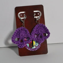 Load image into Gallery viewer, Purple Broomstick Crochet Skull Earrings