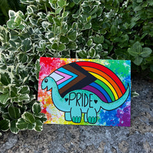 Load image into Gallery viewer, Progress Flag Prideosaur 5x7 Art Print by Alexis Kennedy