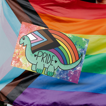 Load image into Gallery viewer, Progress Flag Prideosaur 5x7 Art Print by Alexis Kennedy