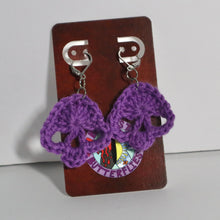 Load image into Gallery viewer, Purple Broomstick Crochet Skull Earrings
