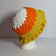 Load image into Gallery viewer, Candy Corn Head Crochet Frilly Bucket Hat
