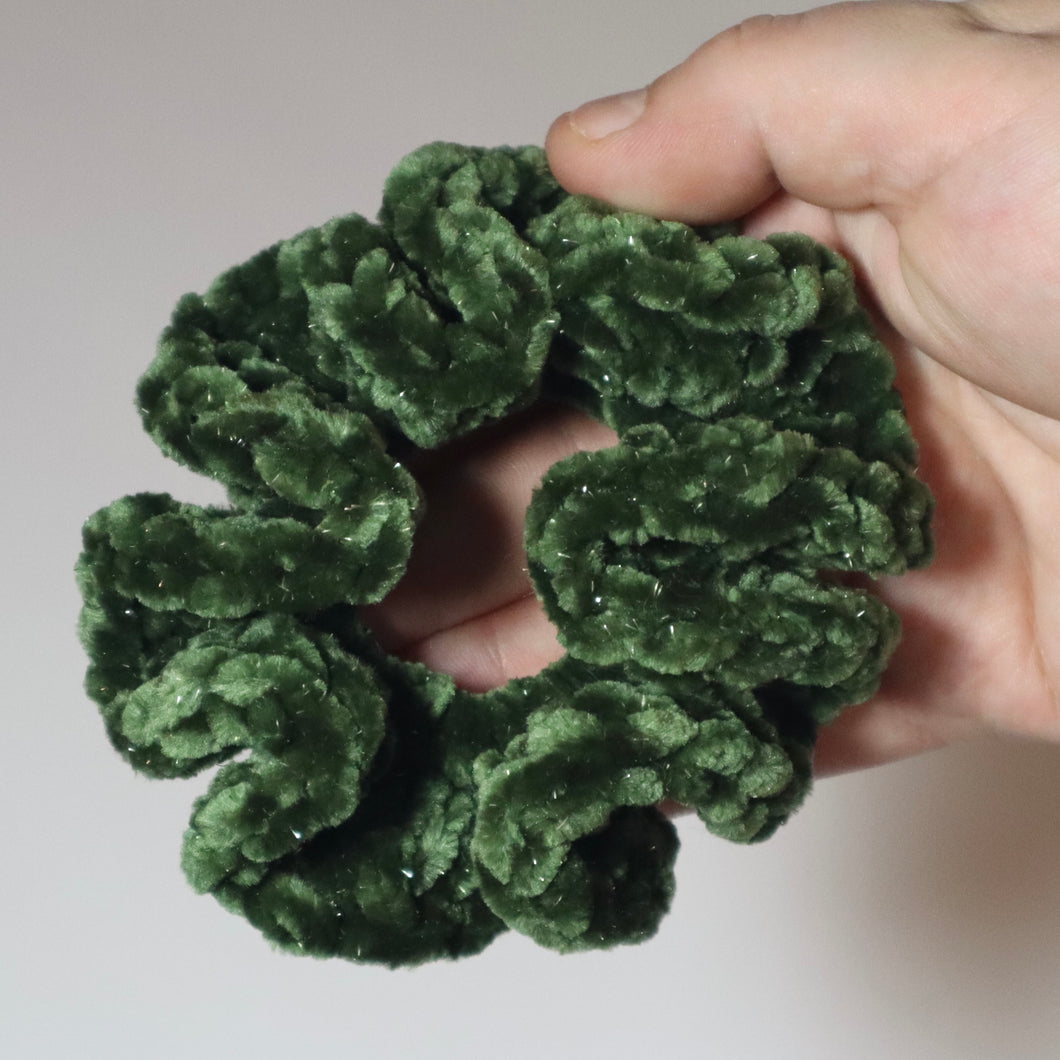 Deep Green Sparkle Crochet Velvet Scrunchie