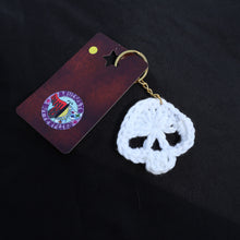 Load image into Gallery viewer, Golden Green Glow Crochet Skull Keychain

