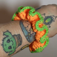 Load image into Gallery viewer, Neon Pumpkin Crochet Scrunchie
