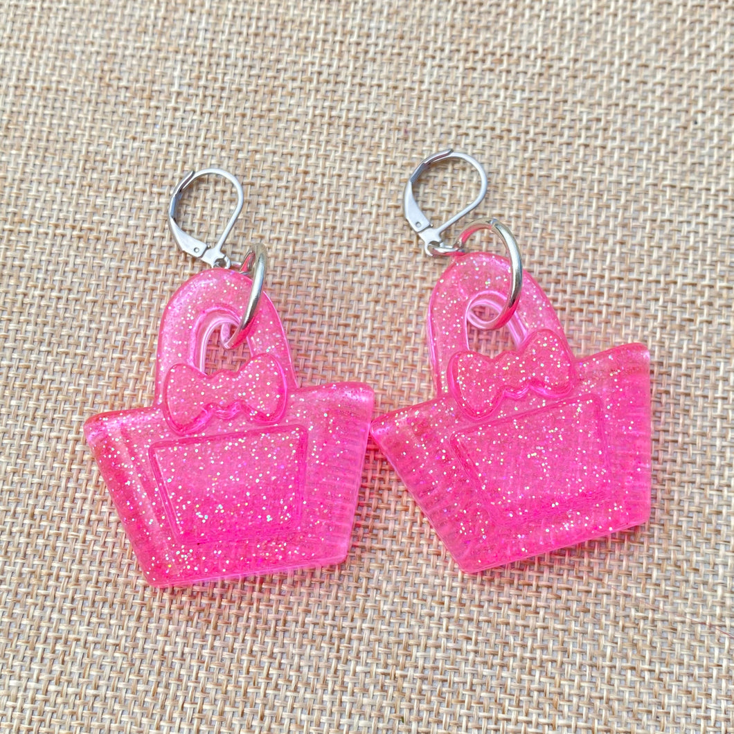 Glitter Pink Purse Earrings👛