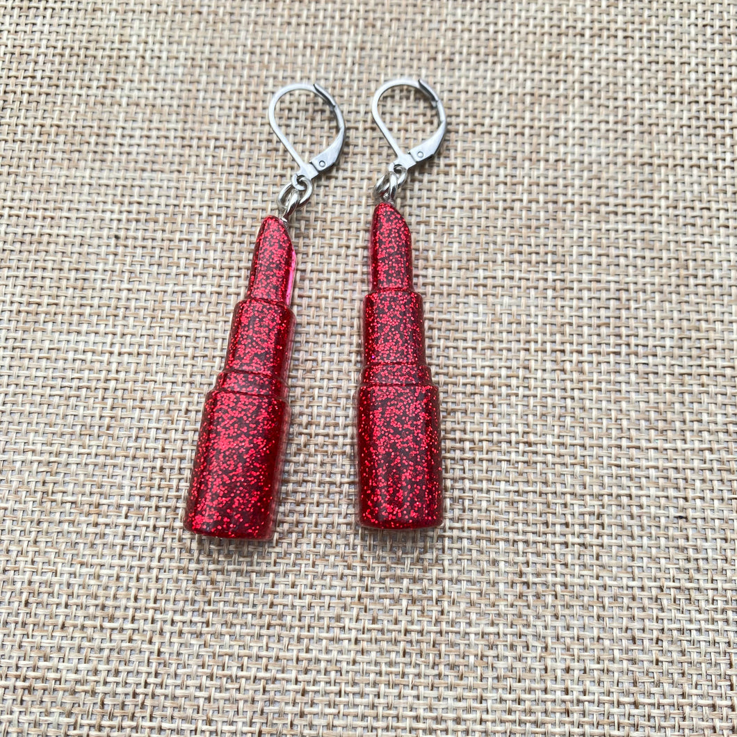 Red Glitter Lipstick Earrings💄