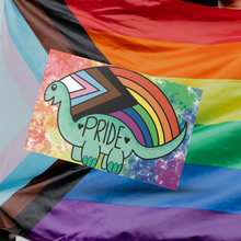 Load image into Gallery viewer, Progress Flag Prideosaur 5x7 Art Print by Alexis Kennedy
