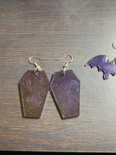 Load image into Gallery viewer, Purple Coffin⚰️ /Bat🦇 Earrings
