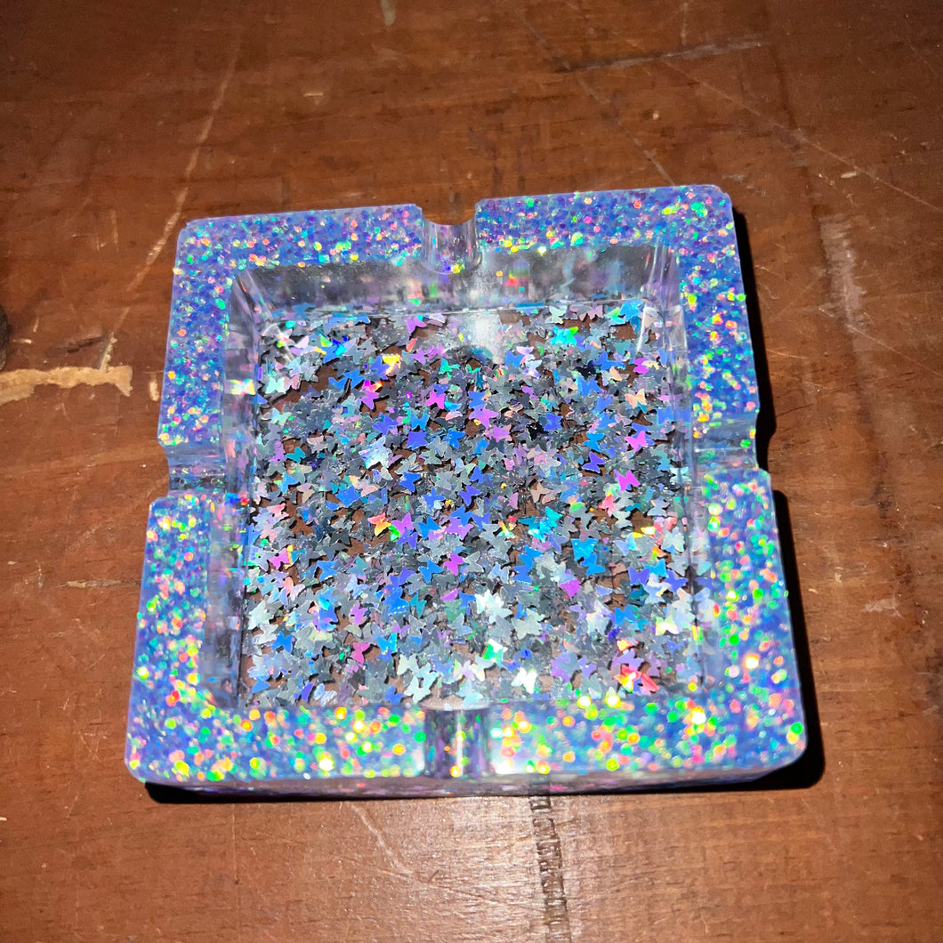 Square Iridescent Butterfly Glitter Resin Ashtray